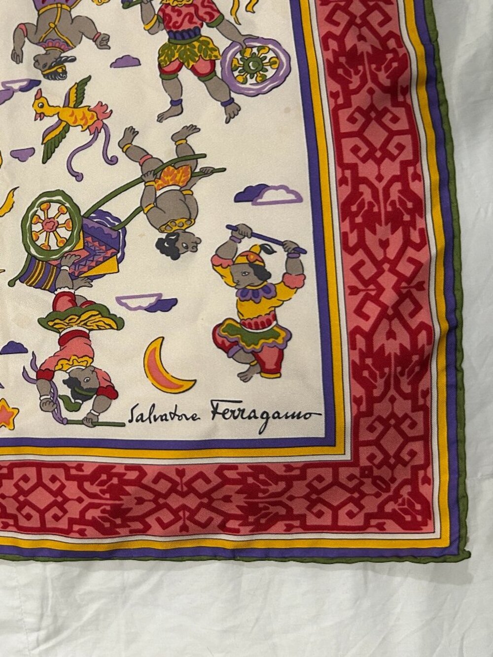 Vintage Salvatore Ferragamo Square "Magic Circus" Silk Scarf